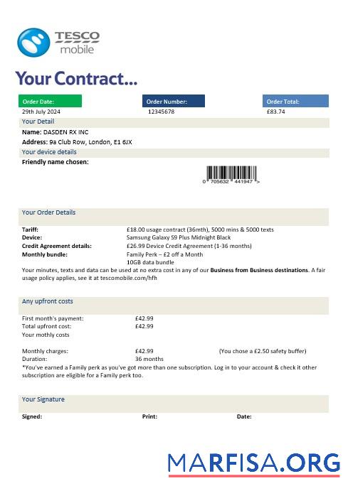 Printable United Kingdom Tesco Mobile business utility bill template in Word and PDF formats